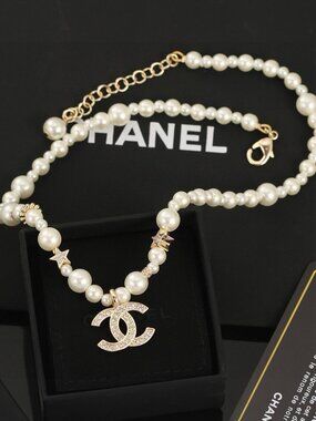 Chanel Pearl Double C Logo Star Necklace Gold Tone
